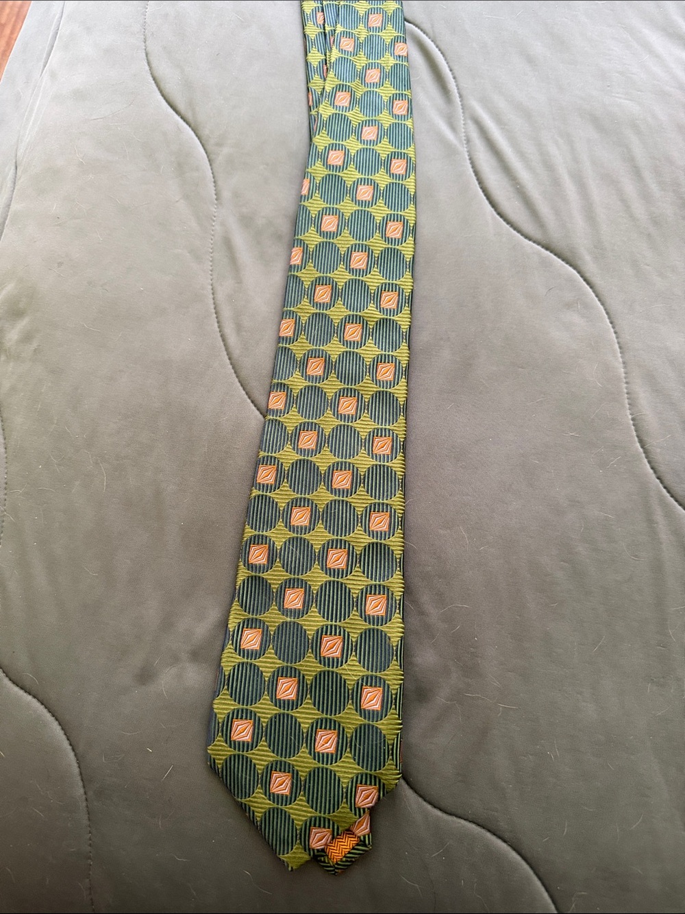 Chelsea by Robert Talbott Olive Green Geometric Silk Tie with Coral Squares